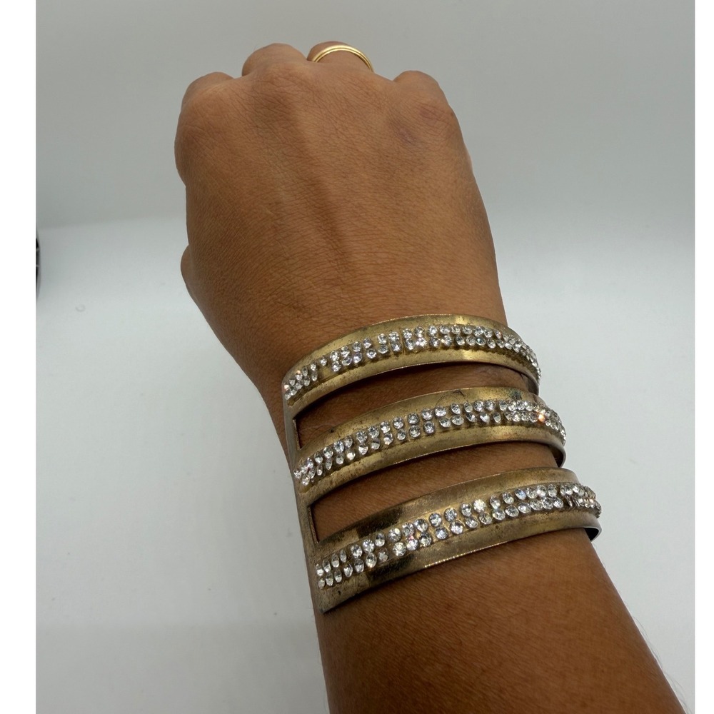 Vintage Gold Tone Rhinestone Triple Band Wide Cuff Bracelet Statement Jewelry